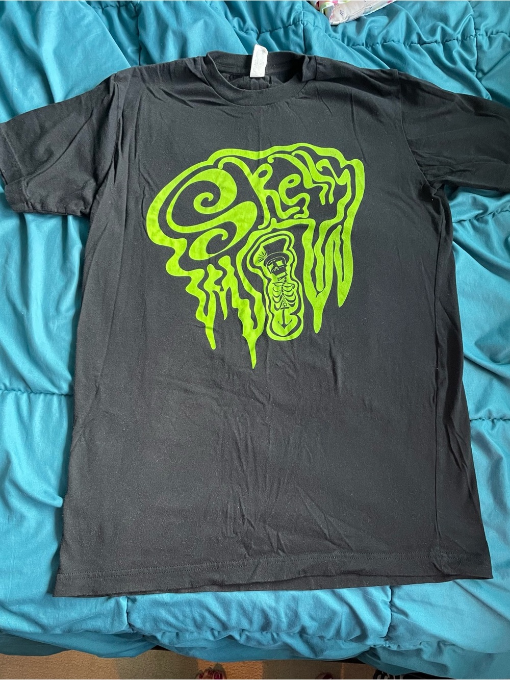 Skelly Black Tee with Neon Green Dripping Skull Graphic
